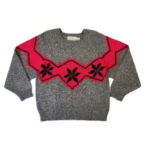 Affinity Vtg Wool Blend Floral Snowflake Gray Red Sweater Women’s S 5-6 Holiday